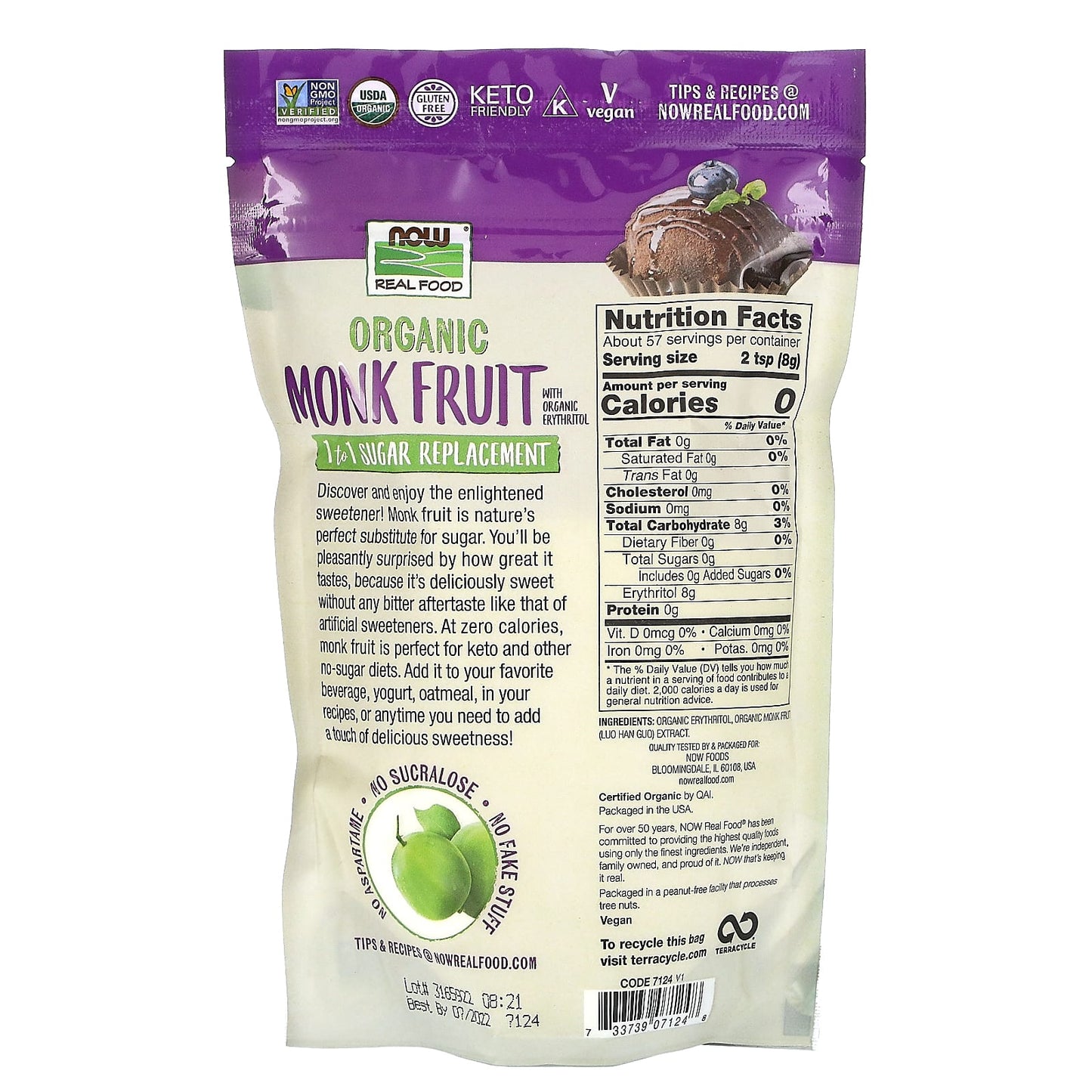 NOW Foods, Real Food, Organic Monk Fruit, 1-to-1 Sugar Replacement , 1 lb (454 g)