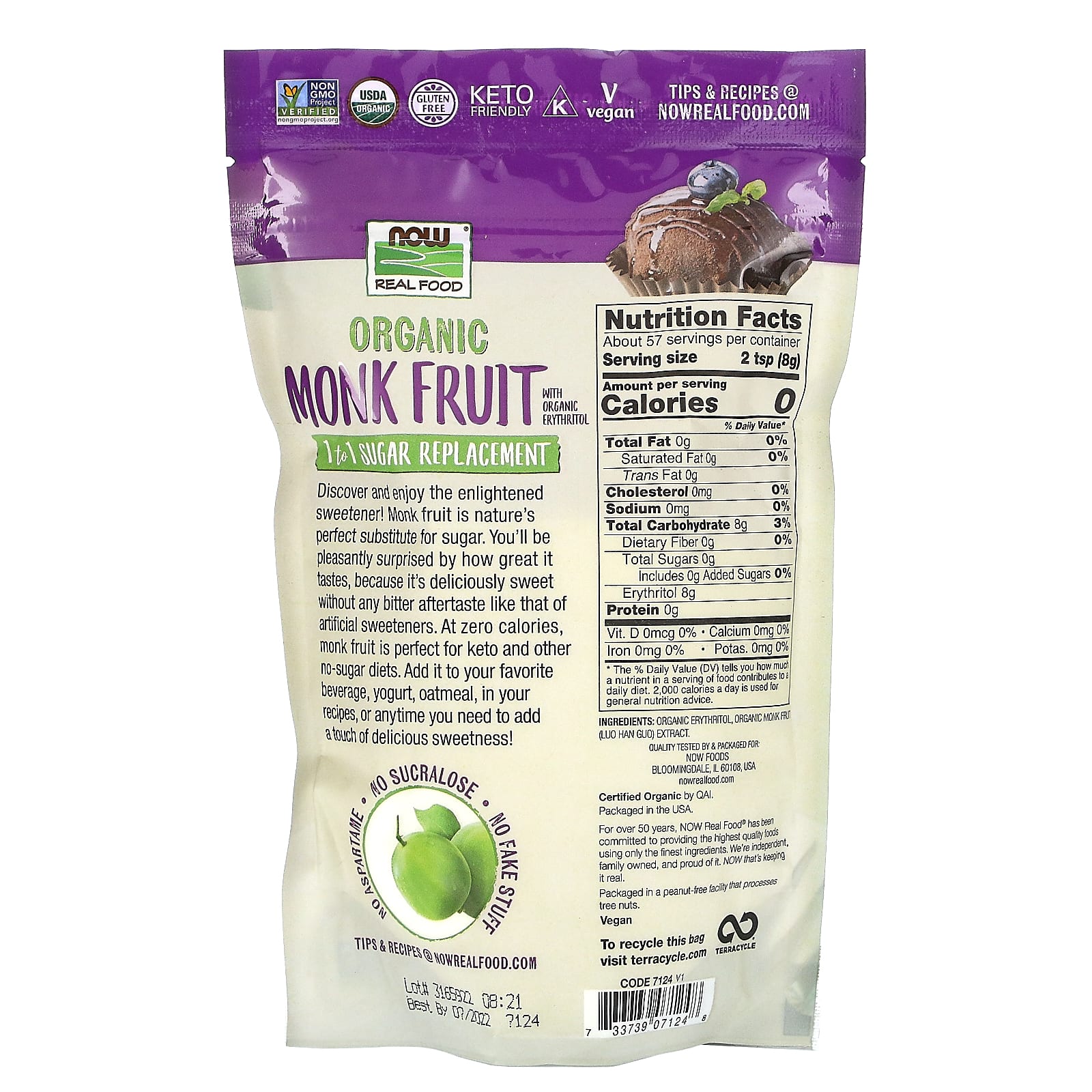 NOW Foods, Real Food, Organic Monk Fruit, 1-to-1 Sugar Replacement , 1 lb (454 g)