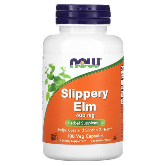 Supplement bottle labeled 'Slippery Elm' with Now brand on a white background