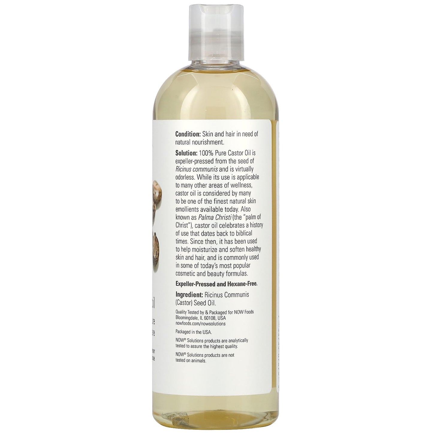 Bottle of castor oil with a label on a white background