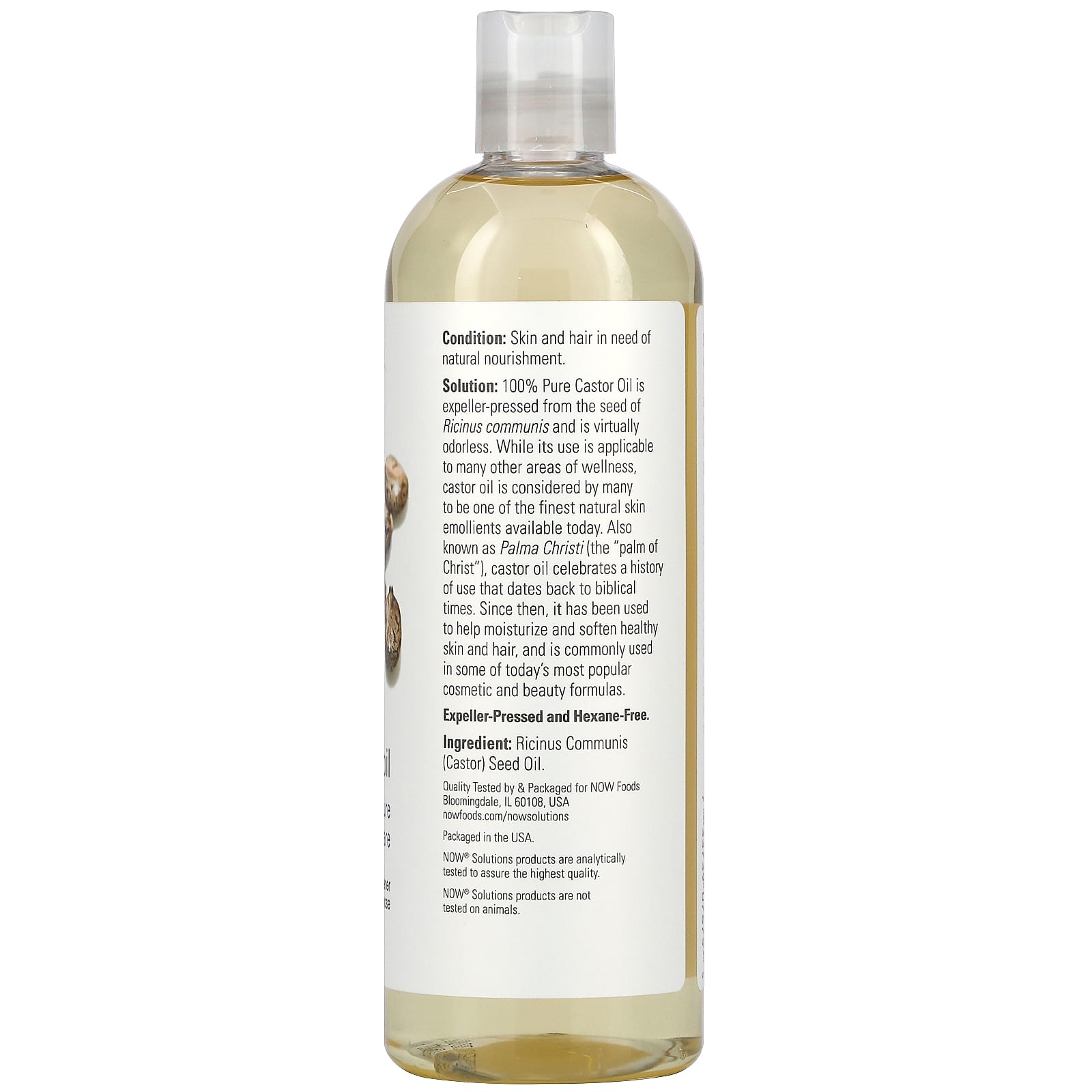 Bottle of castor oil with a label on a white background