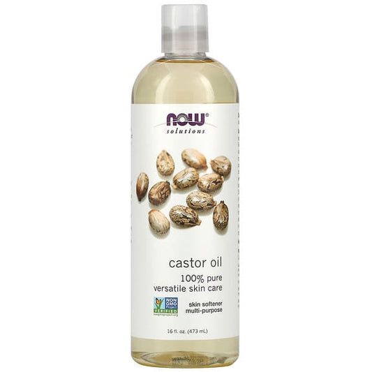 Bottle of NOW Solutions castor oil on a white background