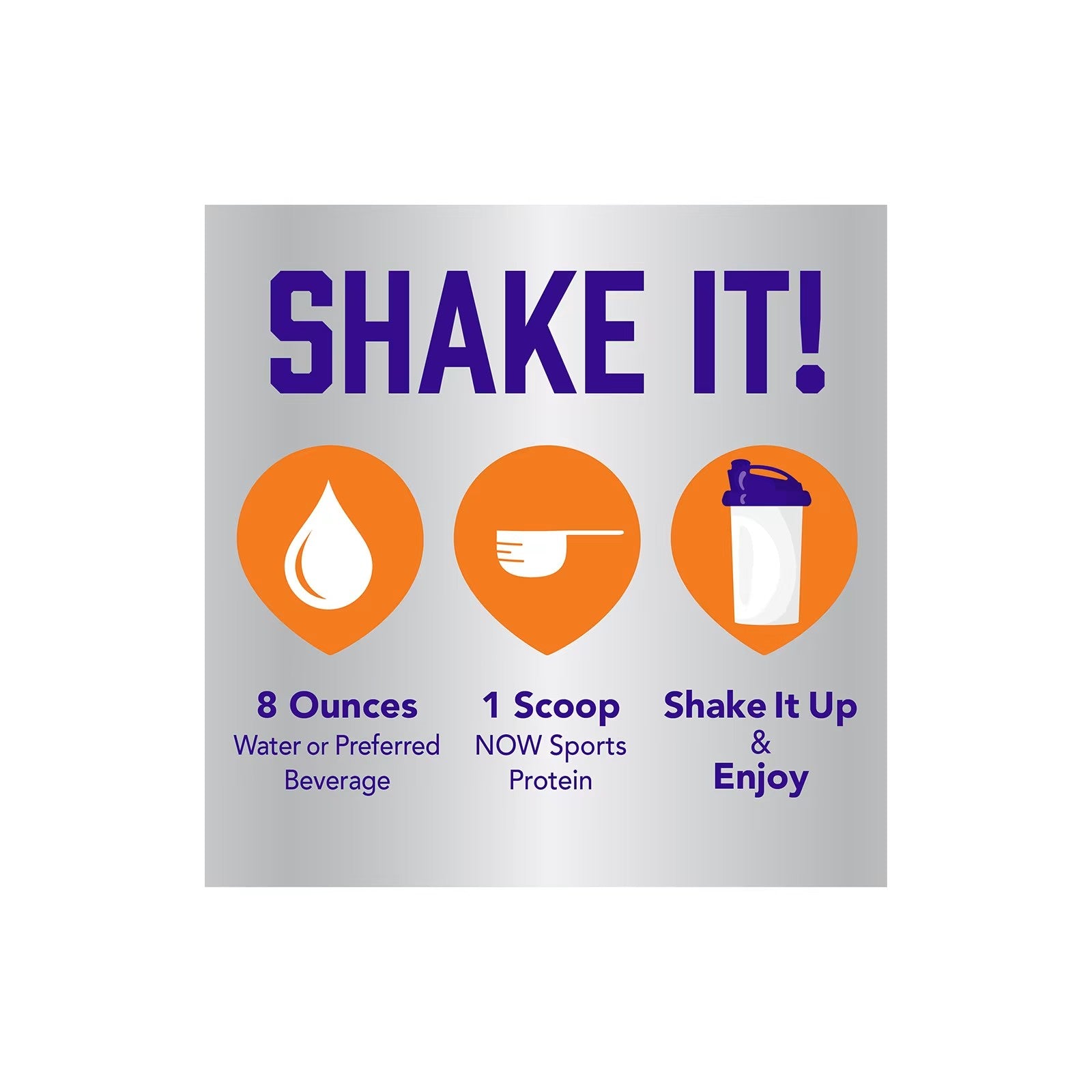 Instructions for mixing a protein shake on a gray background