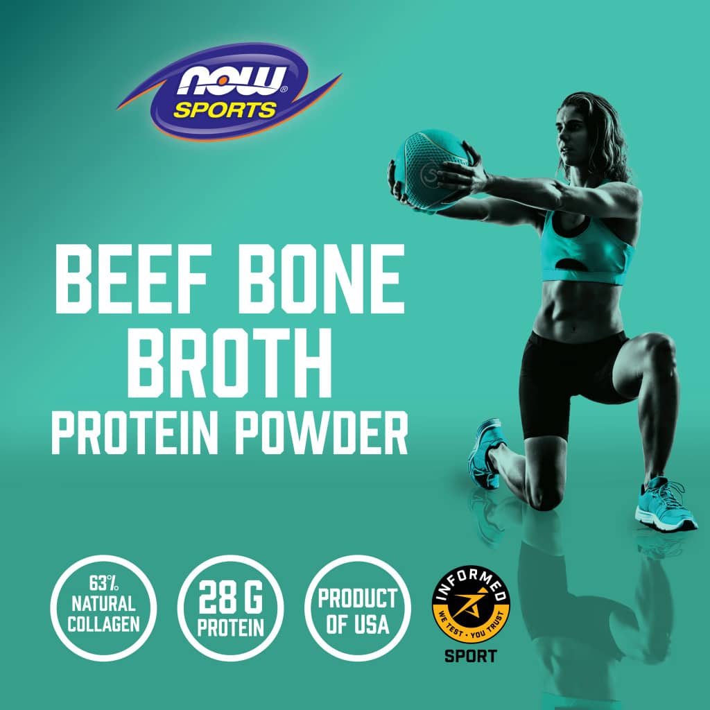 Advertisement for NOW Sports Beef Bone Broth Protein Powder with a person exercising on a teal background.