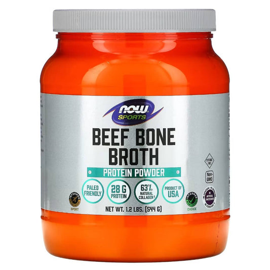 Orange container of NOW Sports Beef Bone Broth Protein Powder on a white background