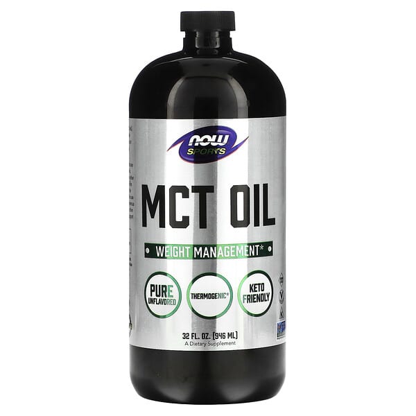 Bottle of MCT oil with Now Sports Nutrition label on a white background