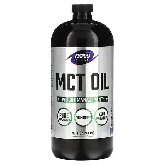 Bottle of MCT oil with Now Sports Nutrition label on a white background