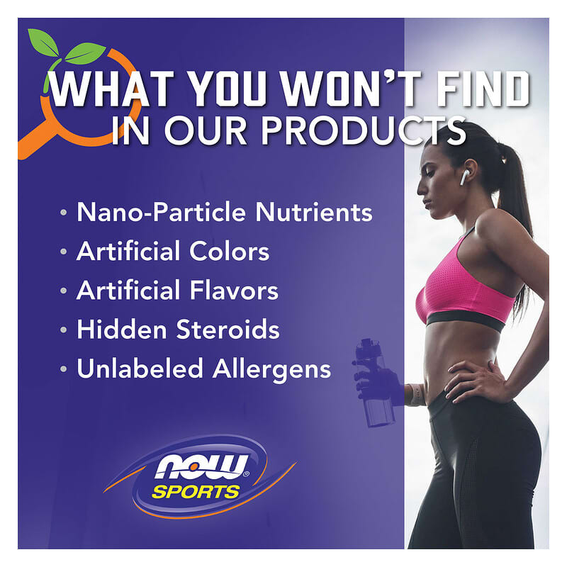 Advertisement for NOW Sports showing a woman in athletic wear with a list of product ingredients on a blue background. NOW FOODS MCT