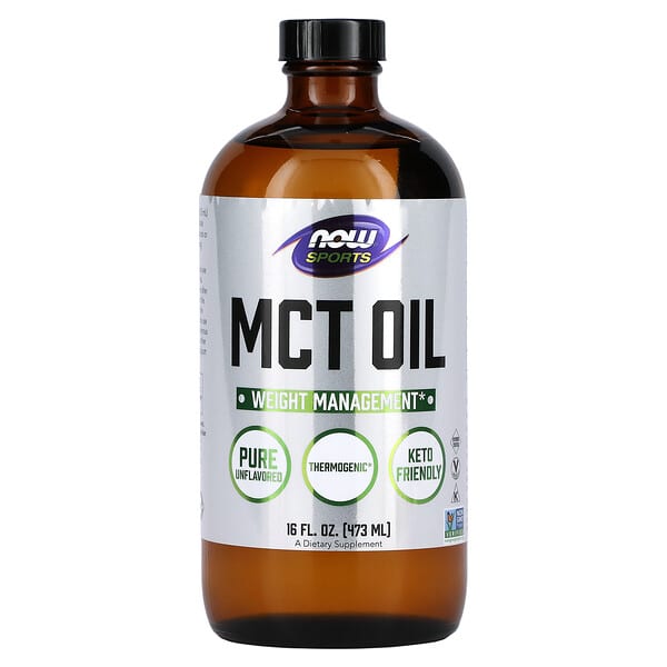 Bottle of MCT oil with Now Sports label on a white background