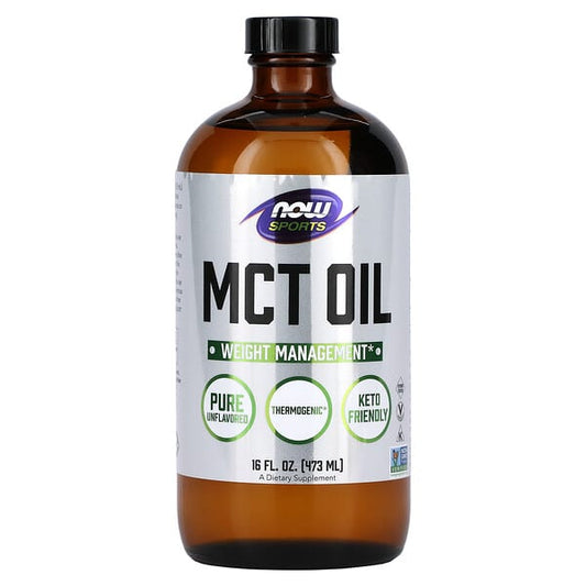 Bottle of MCT oil with Now Sports label on a white background