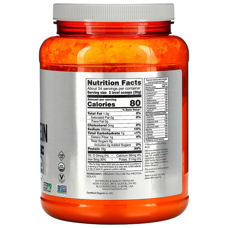 Orange container of NOW Sports Organic Pea Protein on a white background