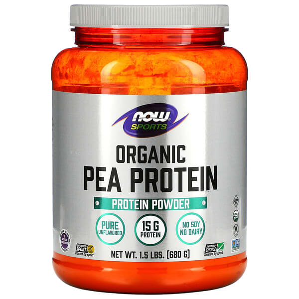 Orange container of NOW Sports Organic Pea Protein on a white background