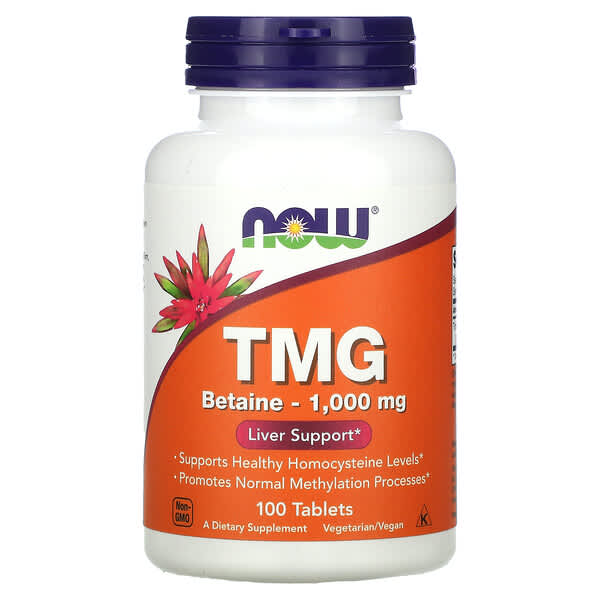 Supplement bottle labeled 'TMG' with Now brand on a white background