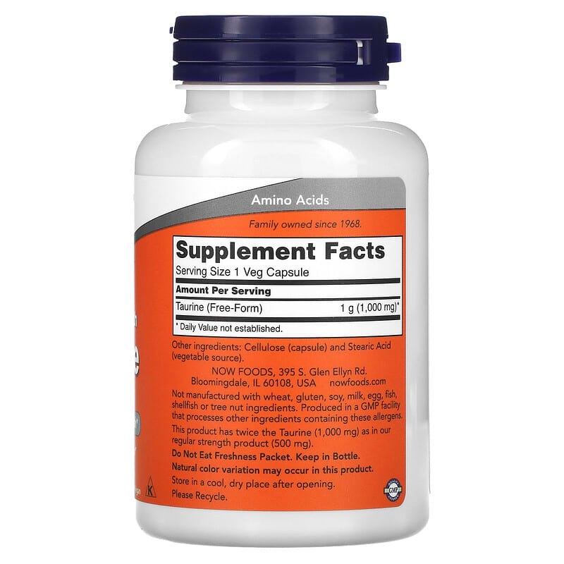 Supplement bottle labeled 'Double Strength Taurine 1000 mg' by NOW on a white background