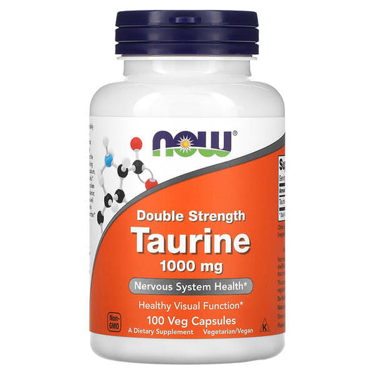 Supplement bottle labeled 'Double Strength Taurine 1000 mg' by NOW on a white background