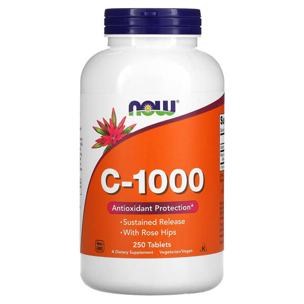 Supplement bottle labeled 'C-1000' with Now brand on an orange and white label.