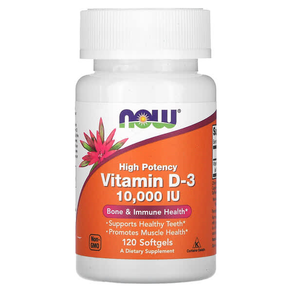 Supplement bottle labeled 'High Potency Vitamin D-3 10,000 IU' by NOW on a white background