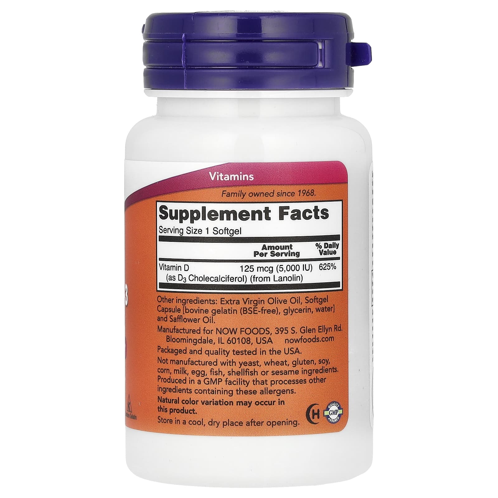 Supplement bottle with purple cap and orange label on a white background