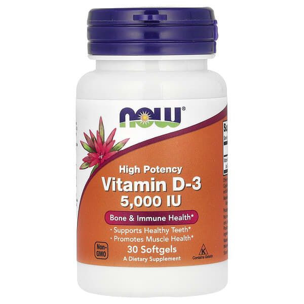 Supplement bottle labeled 'High Potency Vitamin D-3 5,000 IU' by NOW on a white background