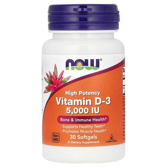 Supplement bottle labeled 'High Potency Vitamin D-3 5,000 IU' by NOW on a white background