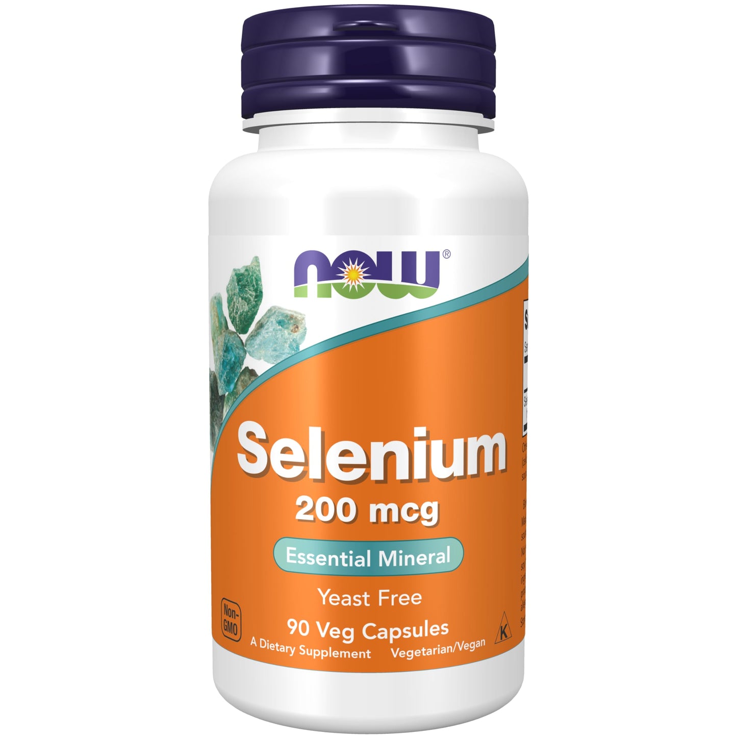 Supplement bottle labeled 'Selenium 200 mcg' with NOW brand on a white background