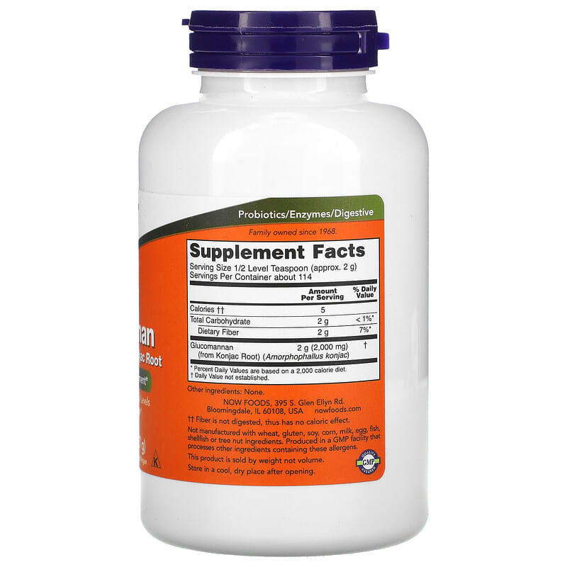 Glucomannan supplement bottle with NOW brand on a white background
