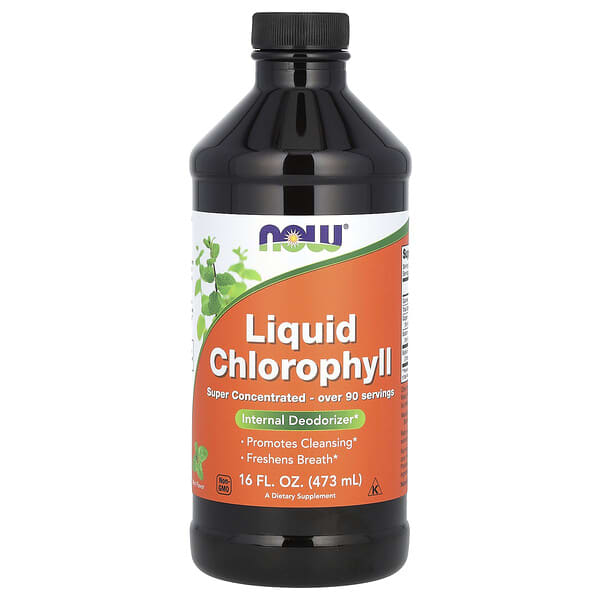 Bottle of Liquid Chlorophyll with Now brand label on a white background
