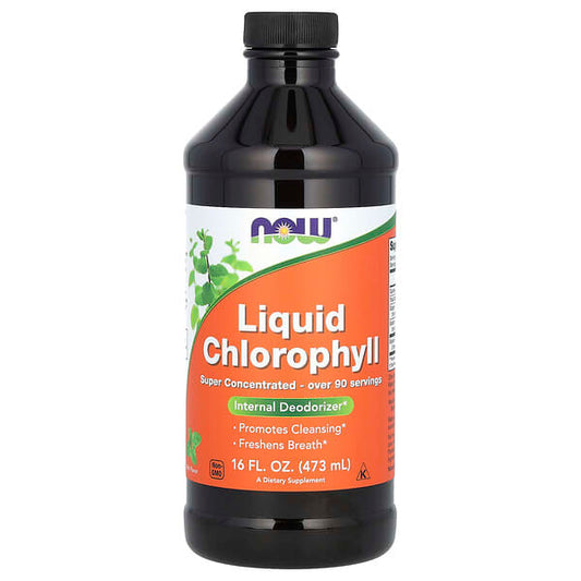 Bottle of Liquid Chlorophyll with Now brand label on a white background