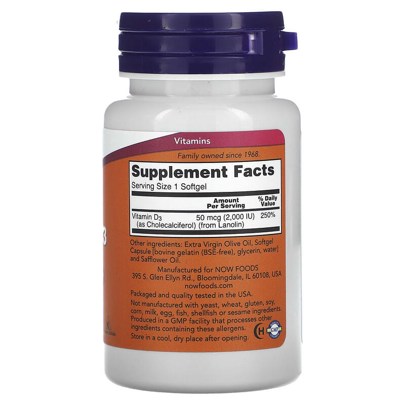 Supplement bottle labeled 'High Potency Vitamin D-3' with Now brand on a white background
