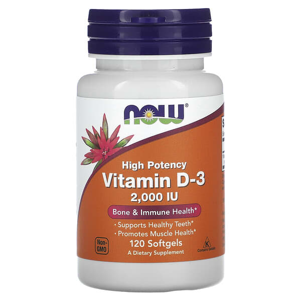 Supplement bottle labeled 'High Potency Vitamin D-3' with Now brand on a white background