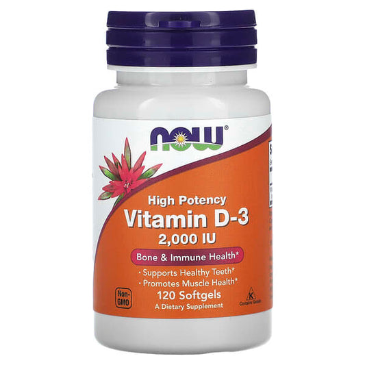Supplement bottle labeled 'High Potency Vitamin D-3' with Now brand on a white background