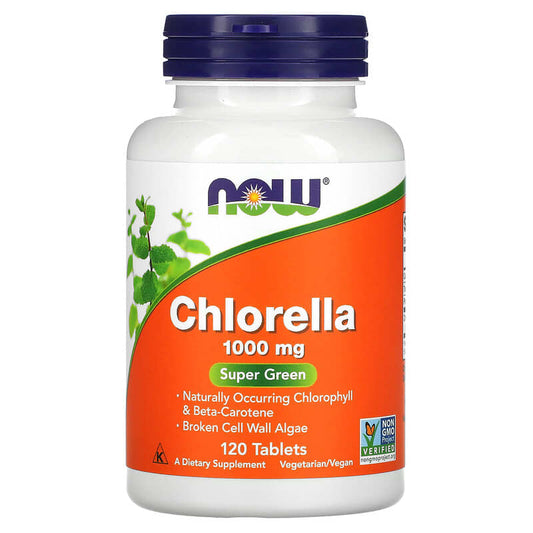 Chlorella supplement bottle with NOW brand on an orange and white label