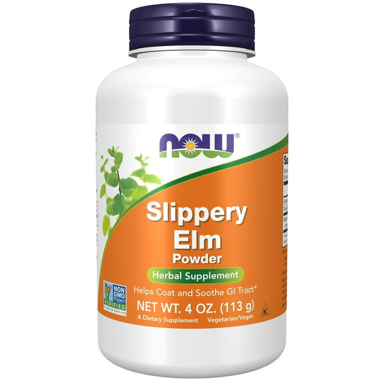 Bottle of Slippery Elm Powder supplement with Now brand on a white background