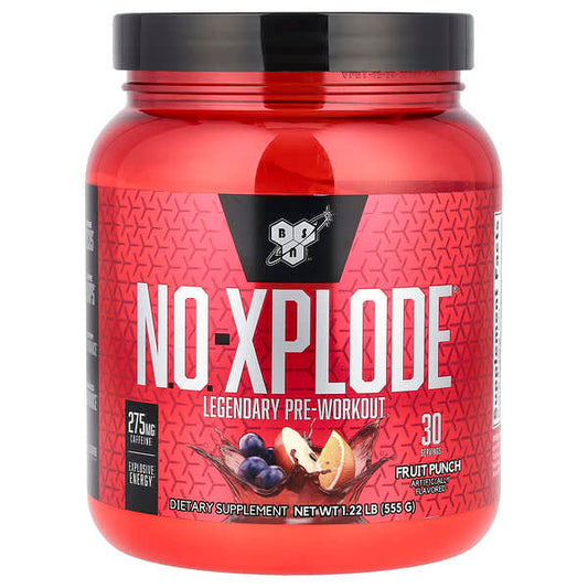Red supplement container labeled 'NO-XPLODE' with BSN logo on a white background