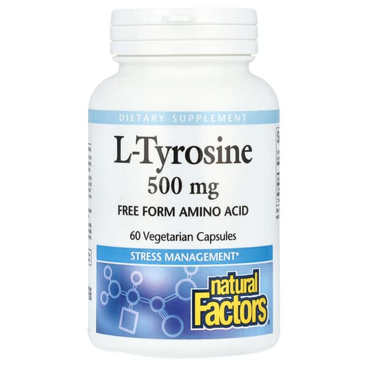 Supplement bottle labeled 'L-Tyrosine 500 mg' by Natural Factors on a white background