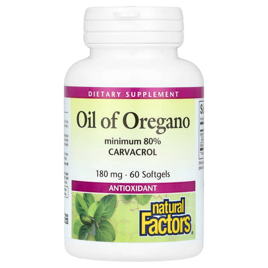 Supplement bottle labeled 'Oil of Oregano' by Natural Factors on a white background