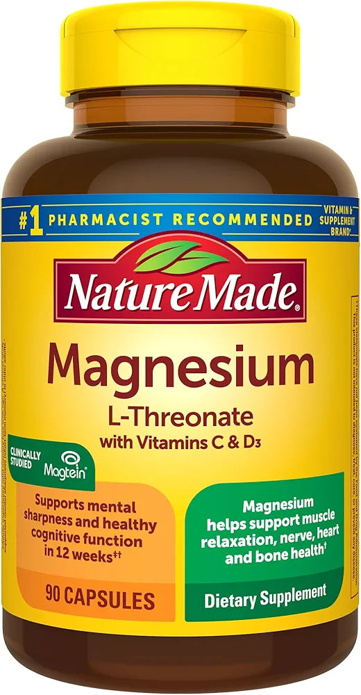 Nature Made Magnesium L-Threonate with Vitamin C & Vitamin D3,  90 Capsules, 30 Day Supply