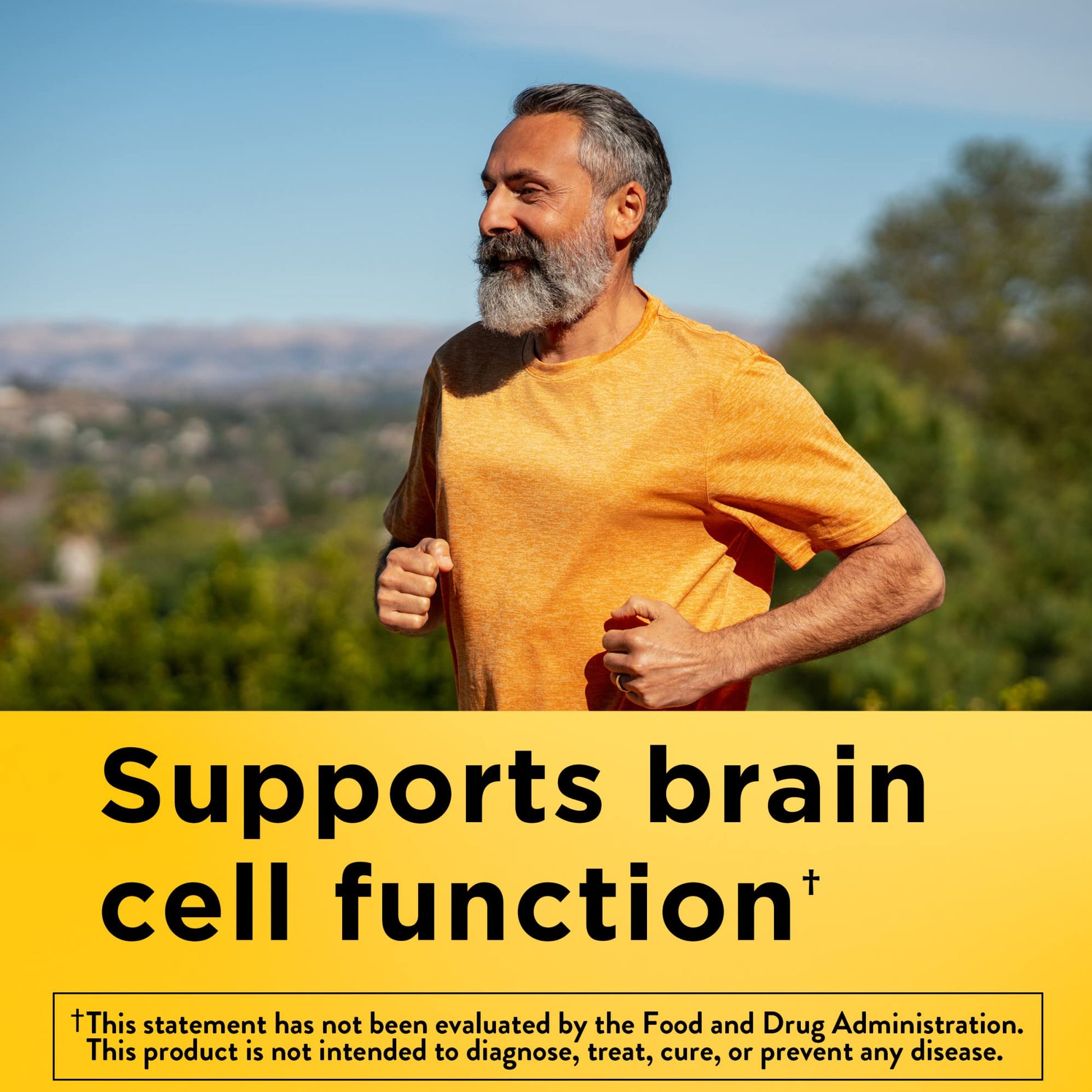 Man running outdoors with text about brain cell function support.