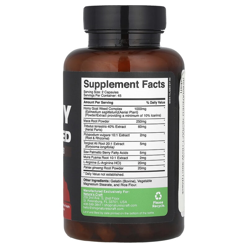 Bottle of Horny goat weed supplement with label on a white background