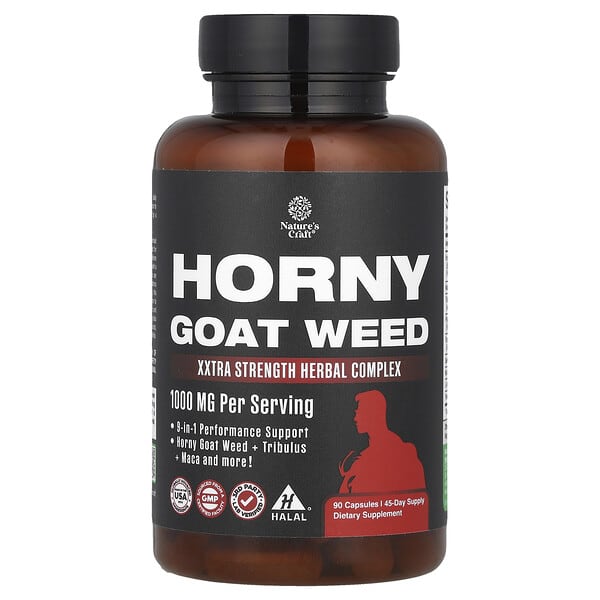 Bottle of Horny goat weed supplement with label on a white background