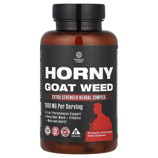 Bottle of Horny goat weed supplement with label on a white background