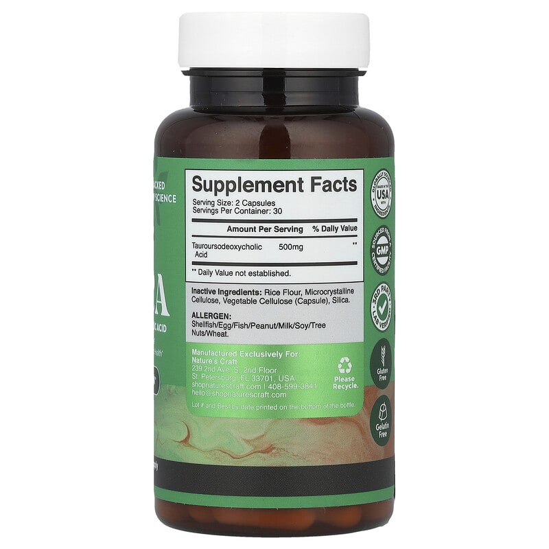 Supplement bottle labeled 'TUDCA' by Nature's Craft on a white background