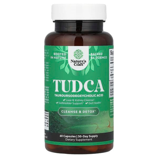 Supplement bottle labeled 'TUDCA' by Nature's Craft on a white background