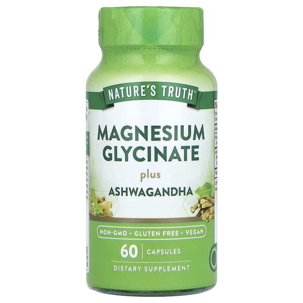 Supplement bottle labeled 'Nature's Truth Magnesium Glycinate plus Ashwagandha' on a white background