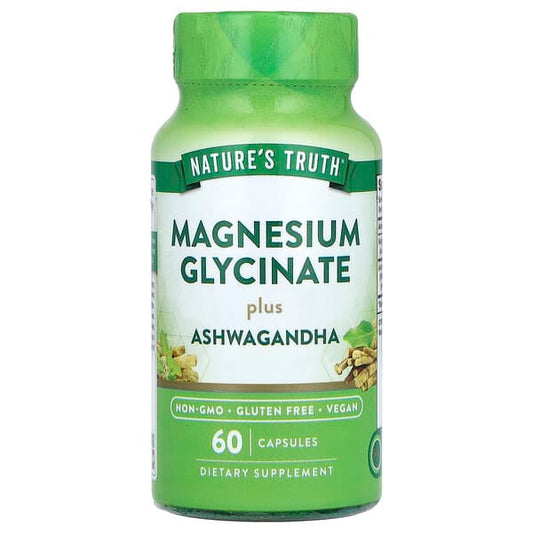 Supplement bottle labeled 'Nature's Truth Magnesium Glycinate plus Ashwagandha' on a white background