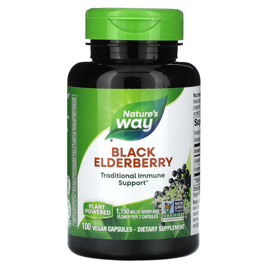 Nature's Way Black Elderberry supplement bottle on a white background