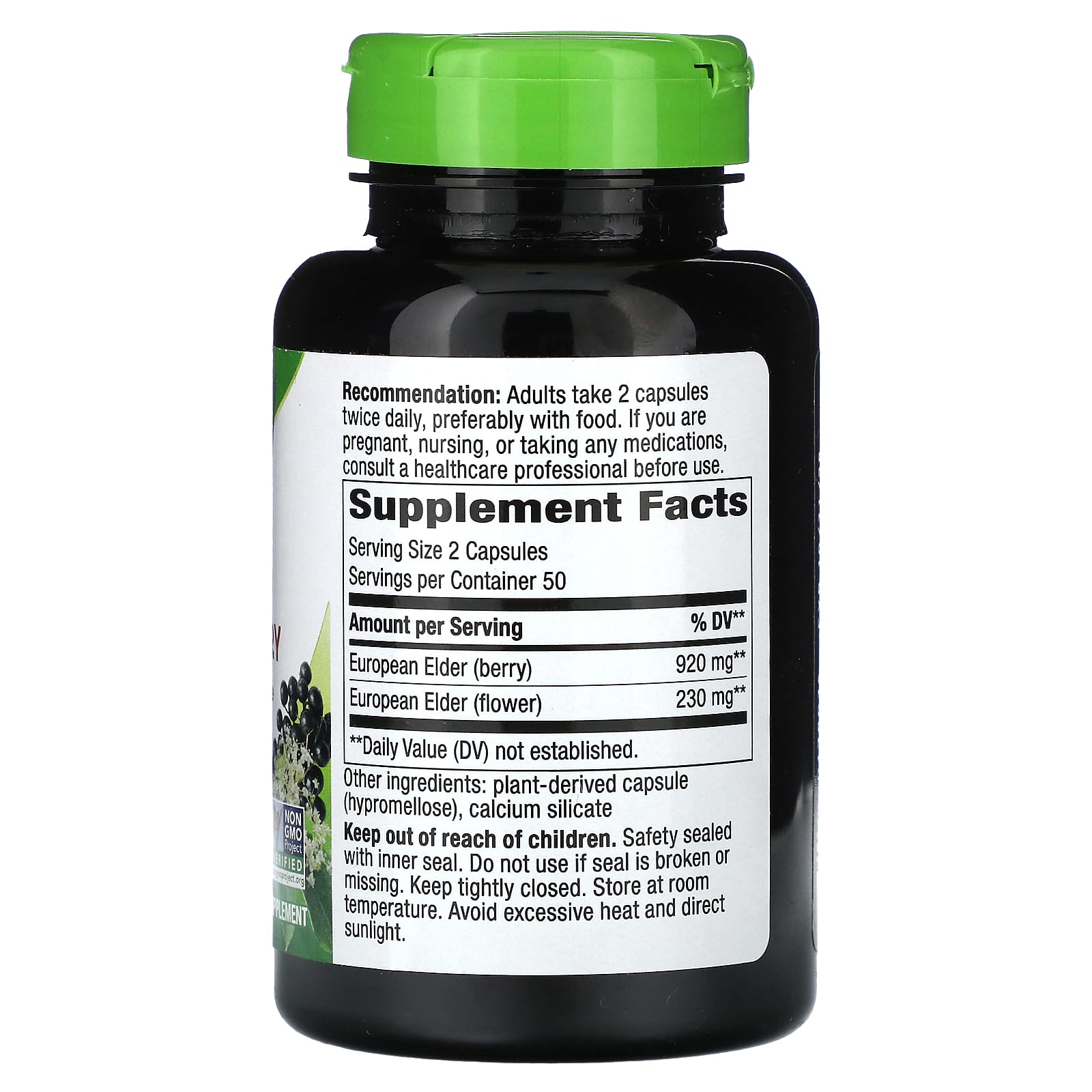 Supplement bottle with green cap and label on a white background