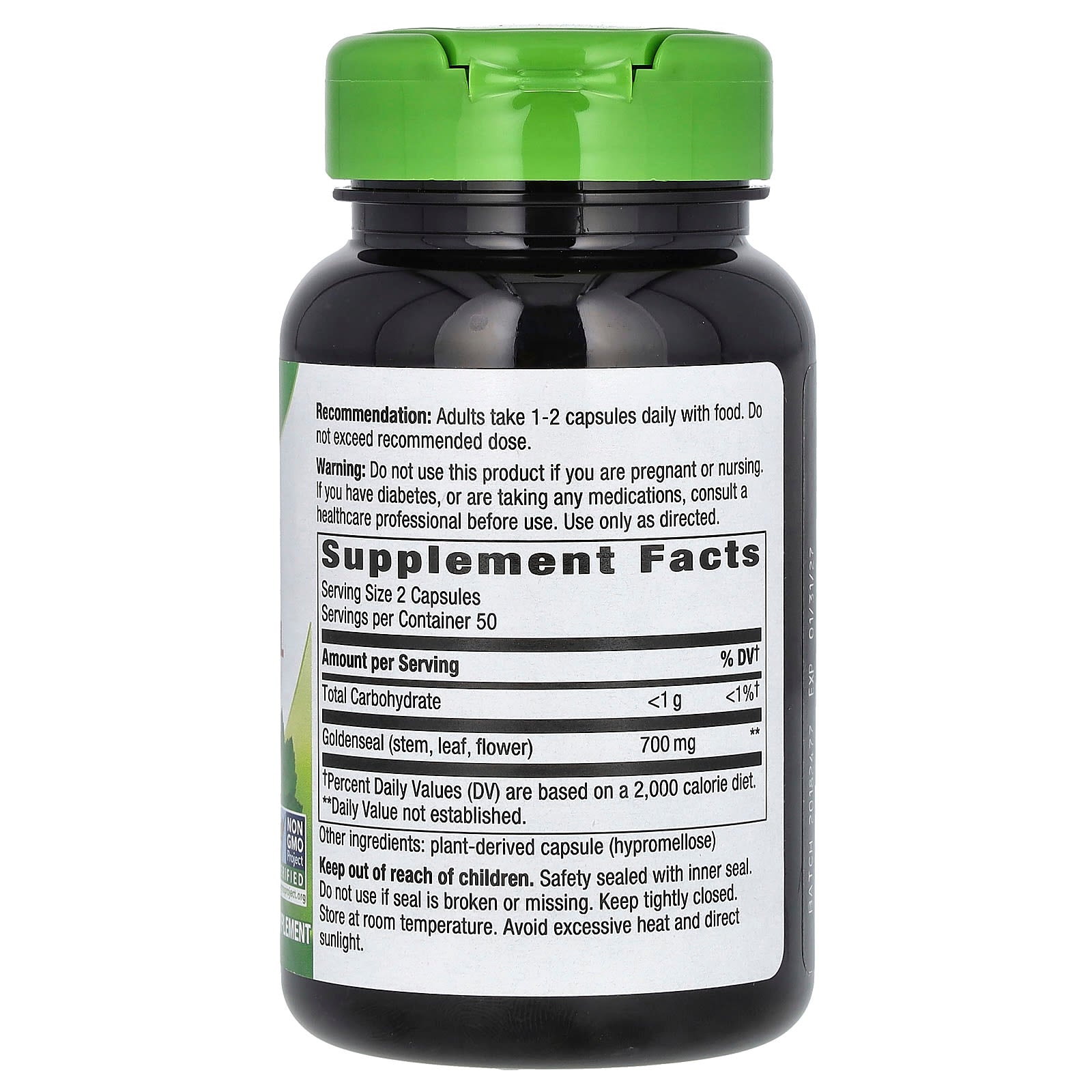 Supplement bottle with green cap and label on a white background