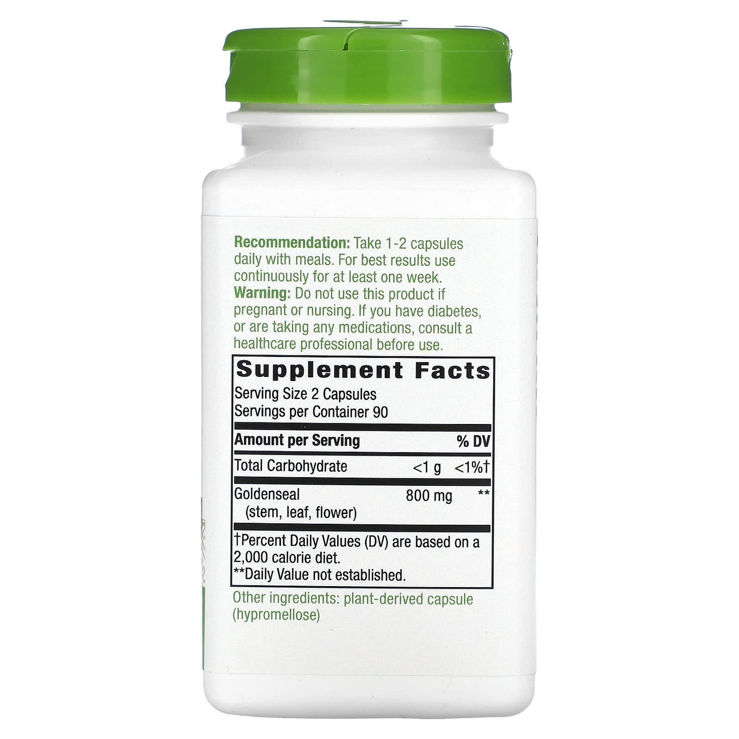 Supplement bottle with green cap and label on a white background