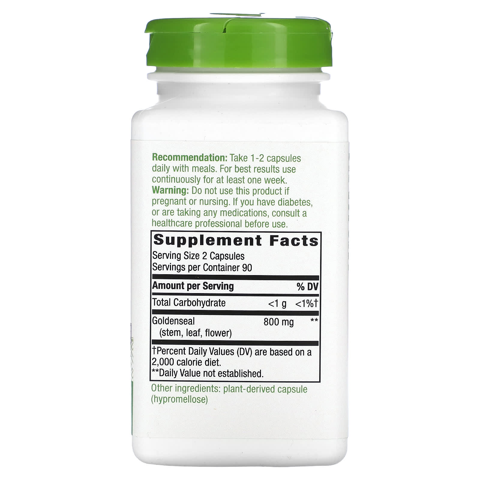 Supplement bottle with green cap and label on a white background